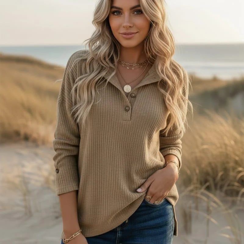 Women’s Ribbed Collared Button-Front Top