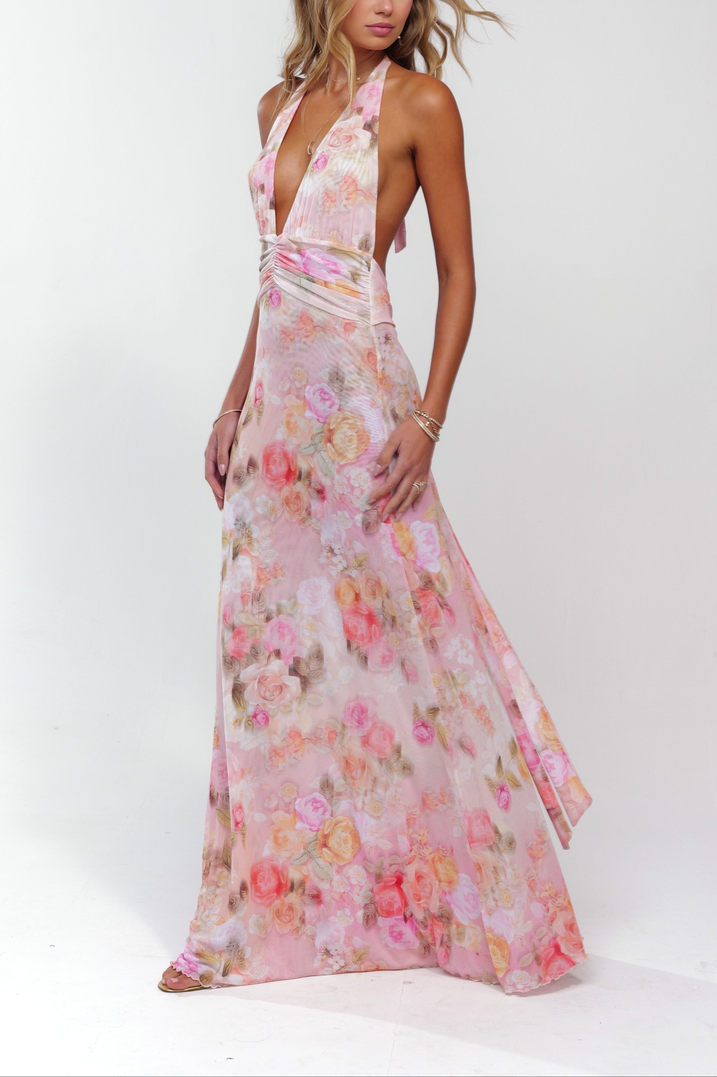 Emilia | Women's Halter V-Neck Backless Floral Maxi Dress