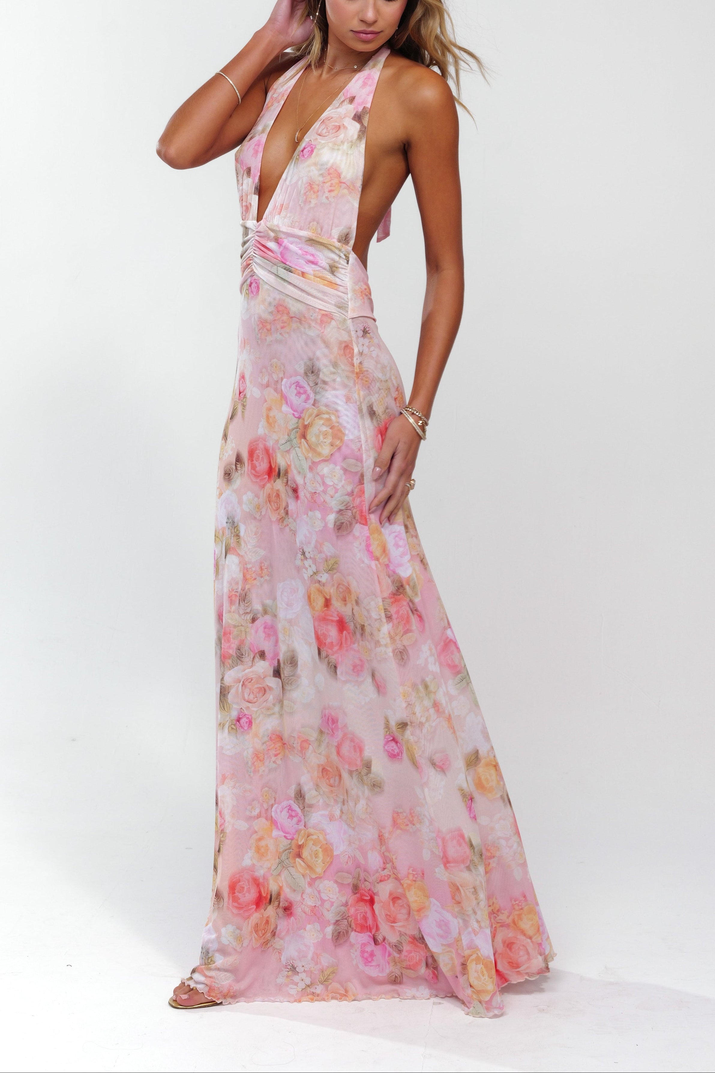 Emilia | Women's Halter V-Neck Backless Floral Maxi Dress