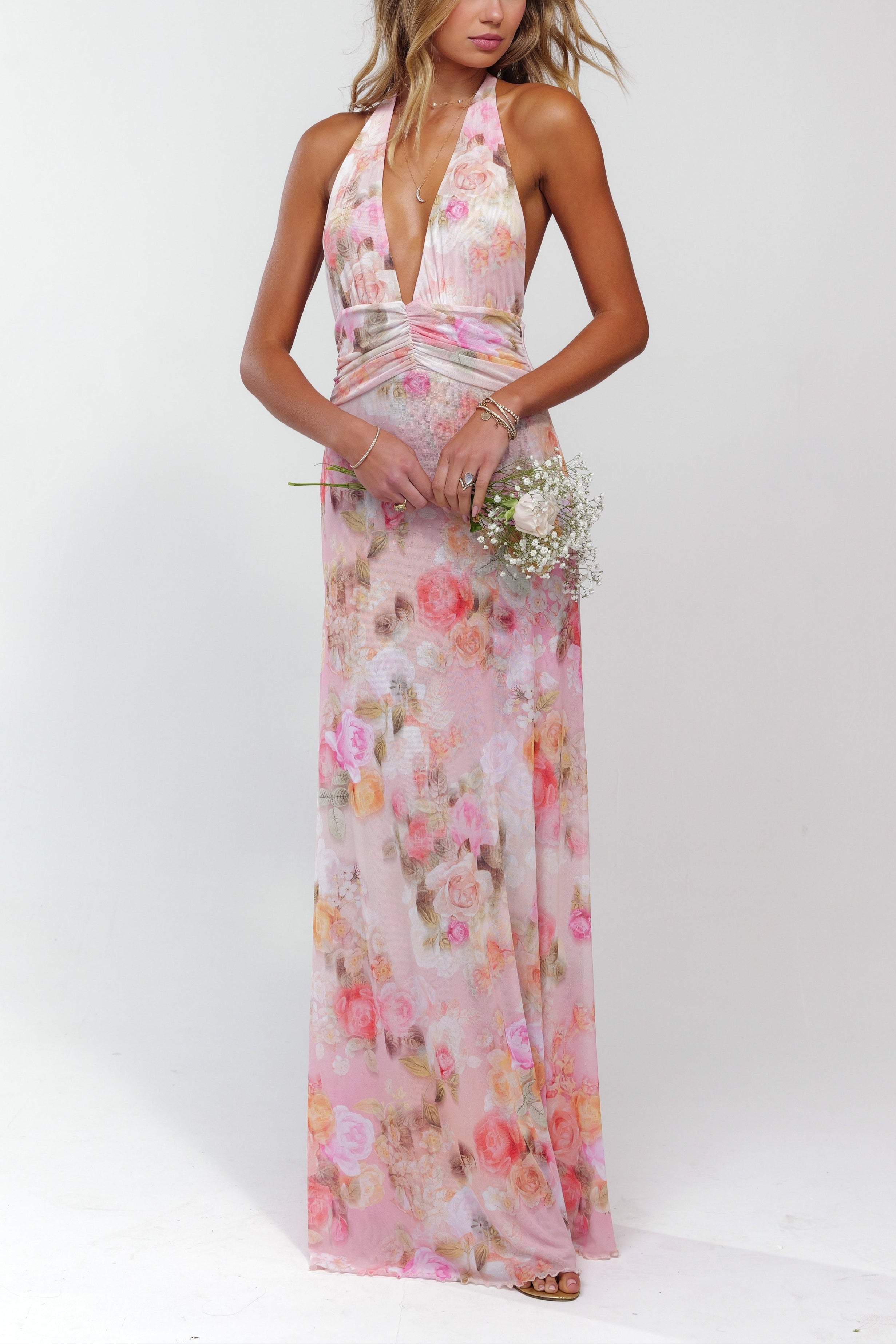 Emilia | Women's Halter V-Neck Backless Floral Maxi Dress