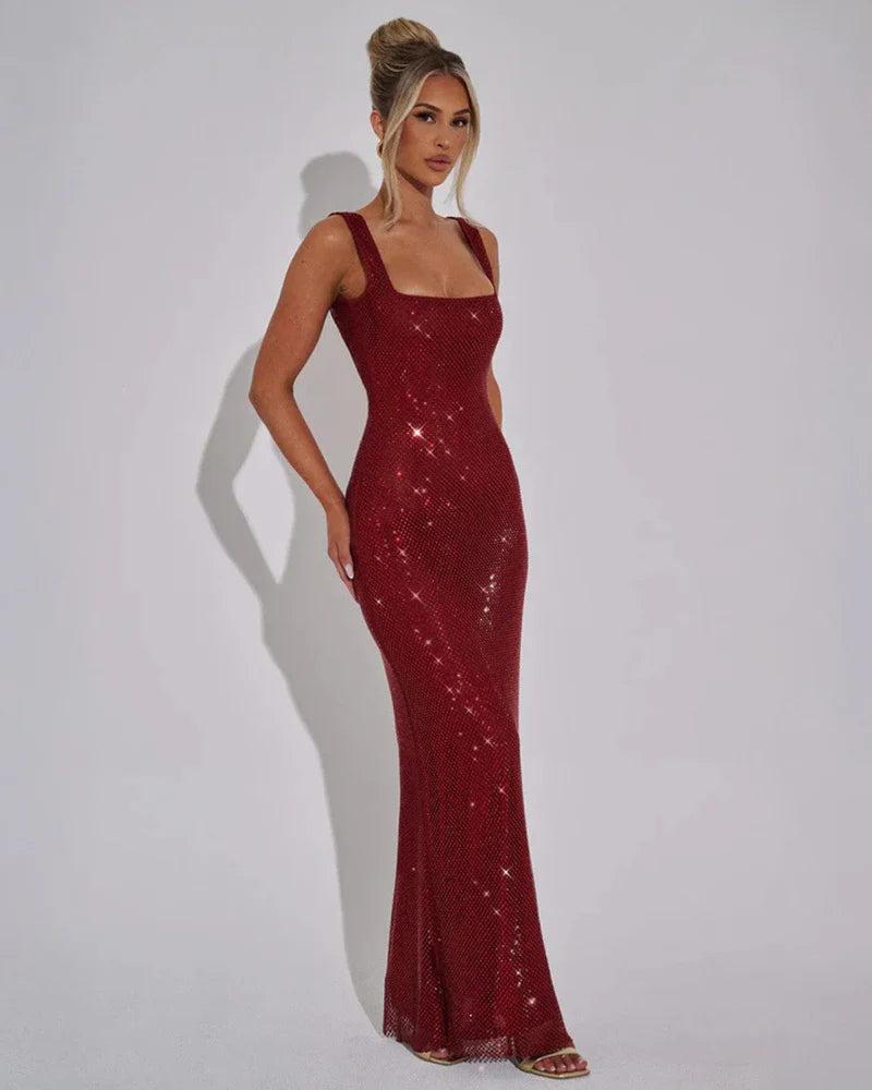 Emily | Women’s Square Neck Backless Glitter Grad Party Dress