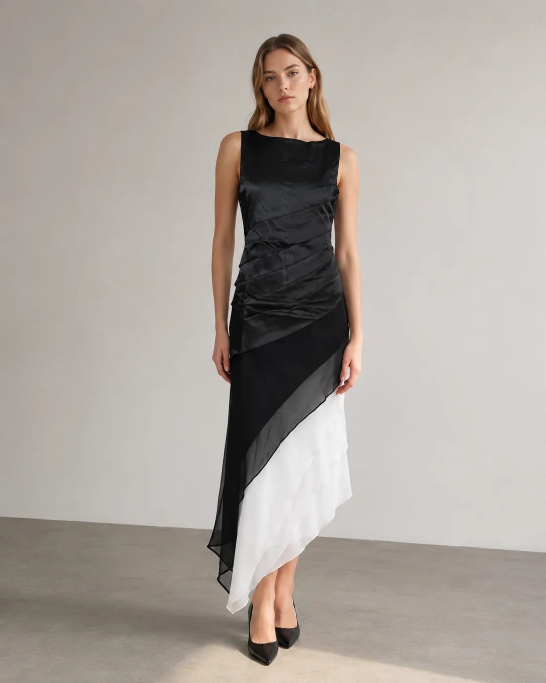 Erin | Women’s Sleeveless Ruched Tiered Asymmetrical Maxi Dress