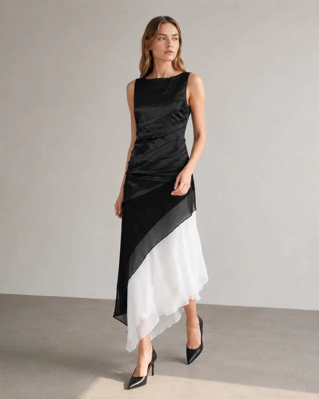 Erin | Women’s Sleeveless Ruched Tiered Asymmetrical Maxi Dress