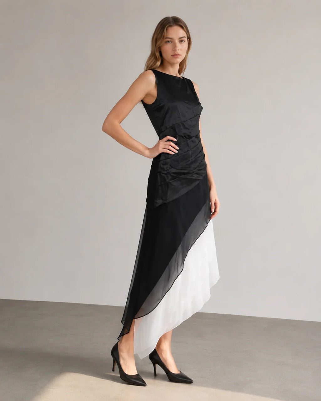 Erin | Women’s Sleeveless Ruched Tiered Asymmetrical Maxi Dress