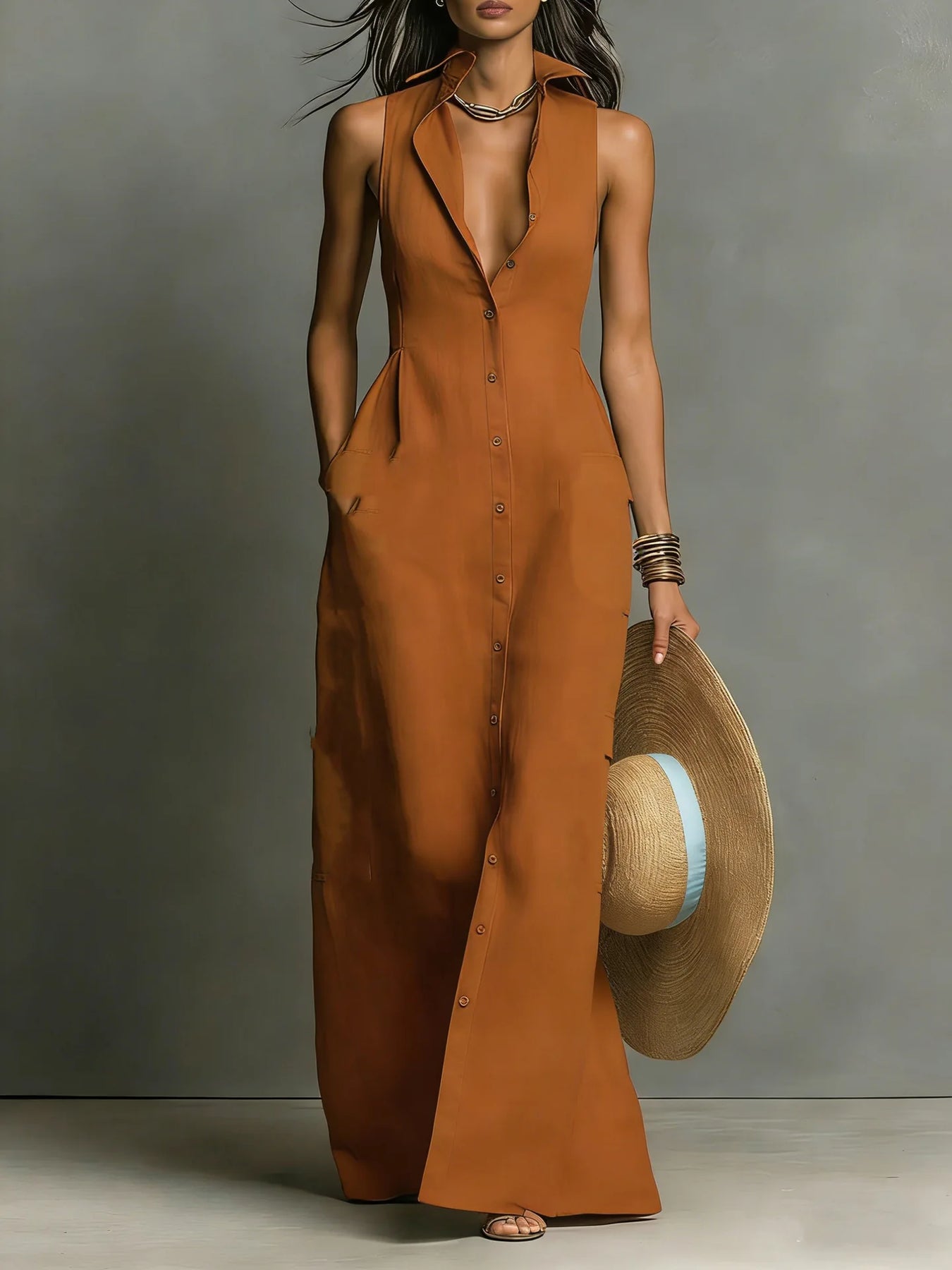 Estela | Women’s Sleeveless Turn Down Collar Shirt Dress