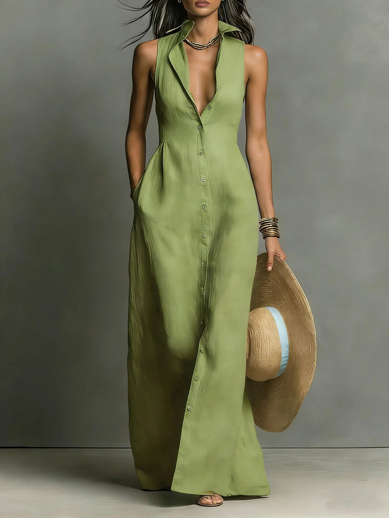 Estela | Women’s Sleeveless Turn Down Collar Shirt Dress