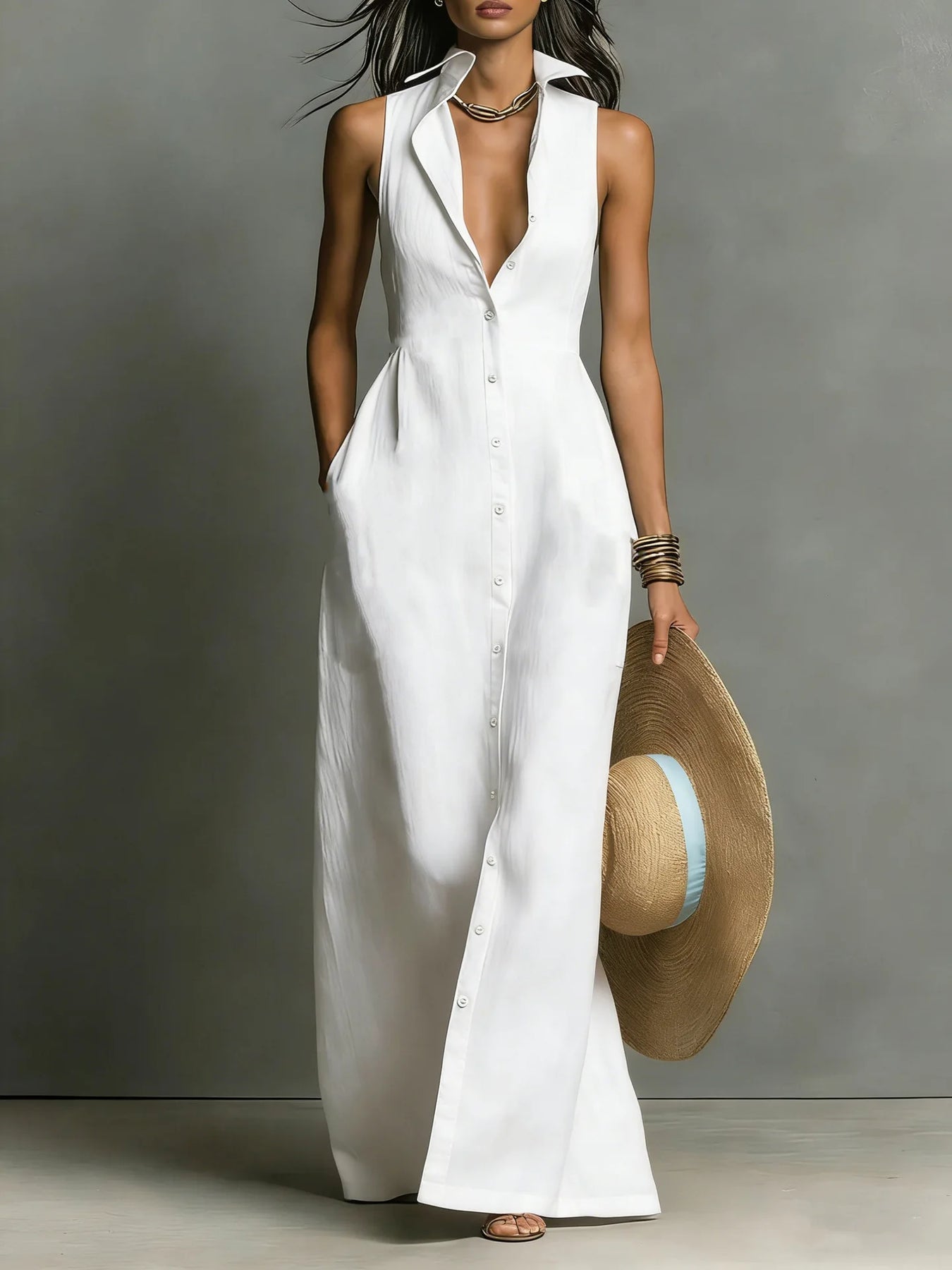 Estela | Women’s Sleeveless Turn Down Collar Shirt Dress
