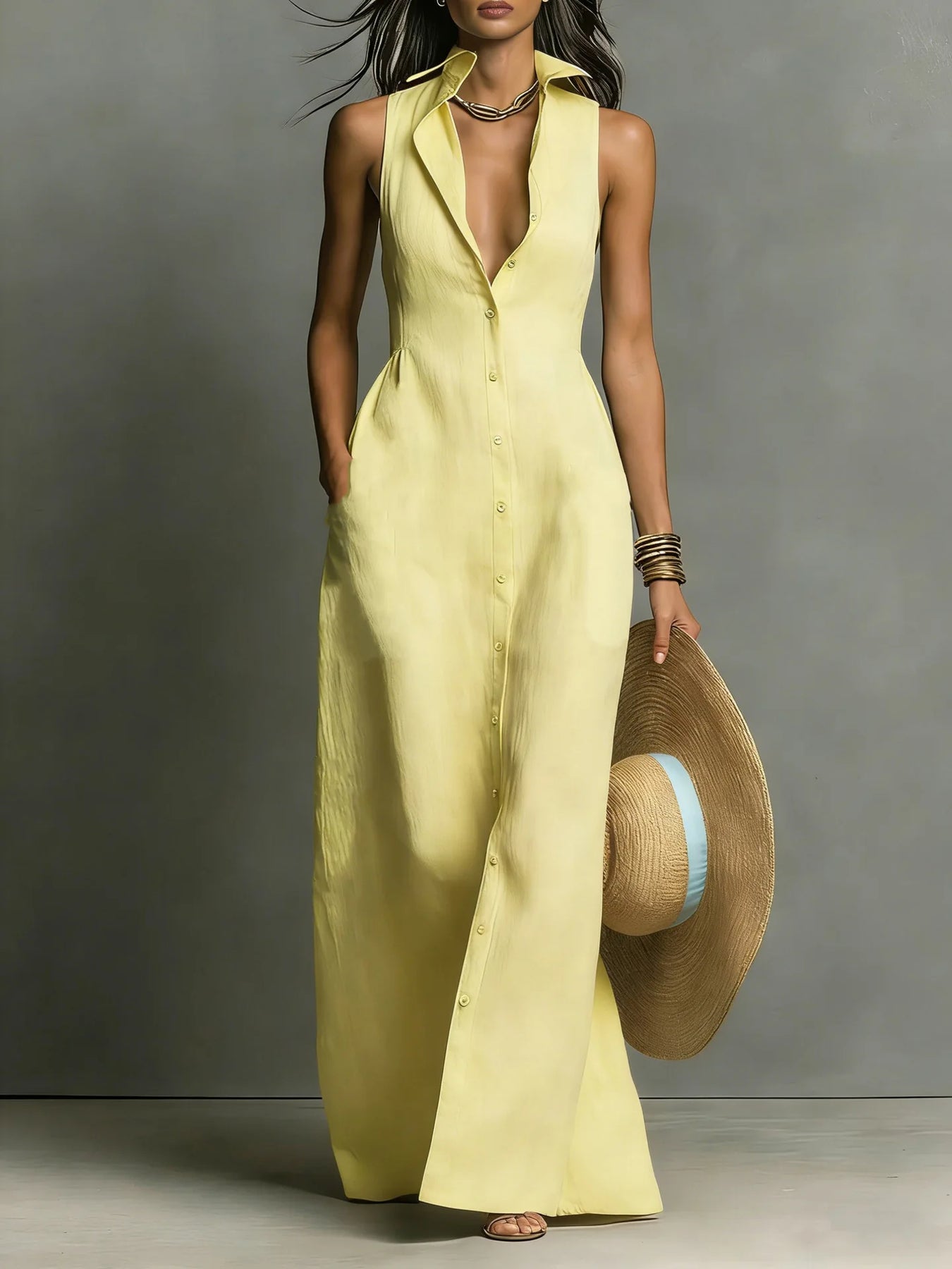 Estela | Women’s Sleeveless Turn Down Collar Shirt Dress