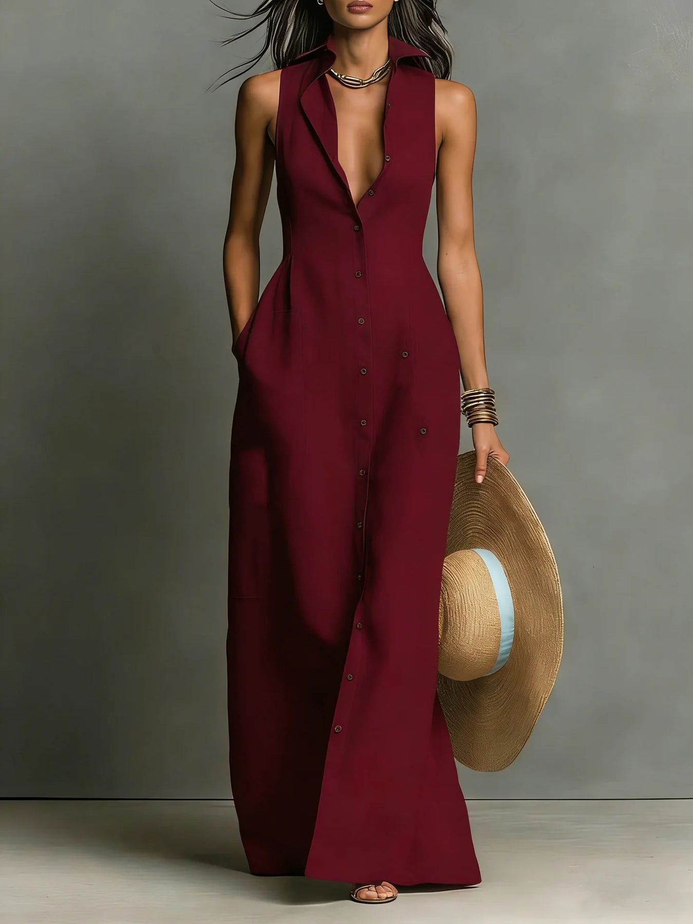 Estela | Women’s Sleeveless Turn Down Collar Shirt Dress