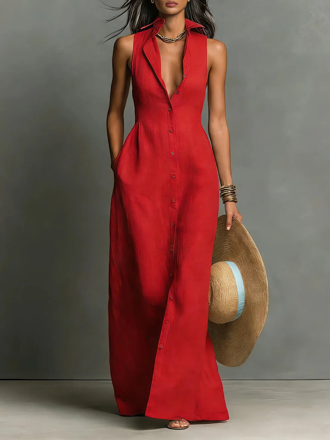 Estela | Women’s Sleeveless Turn Down Collar Shirt Dress