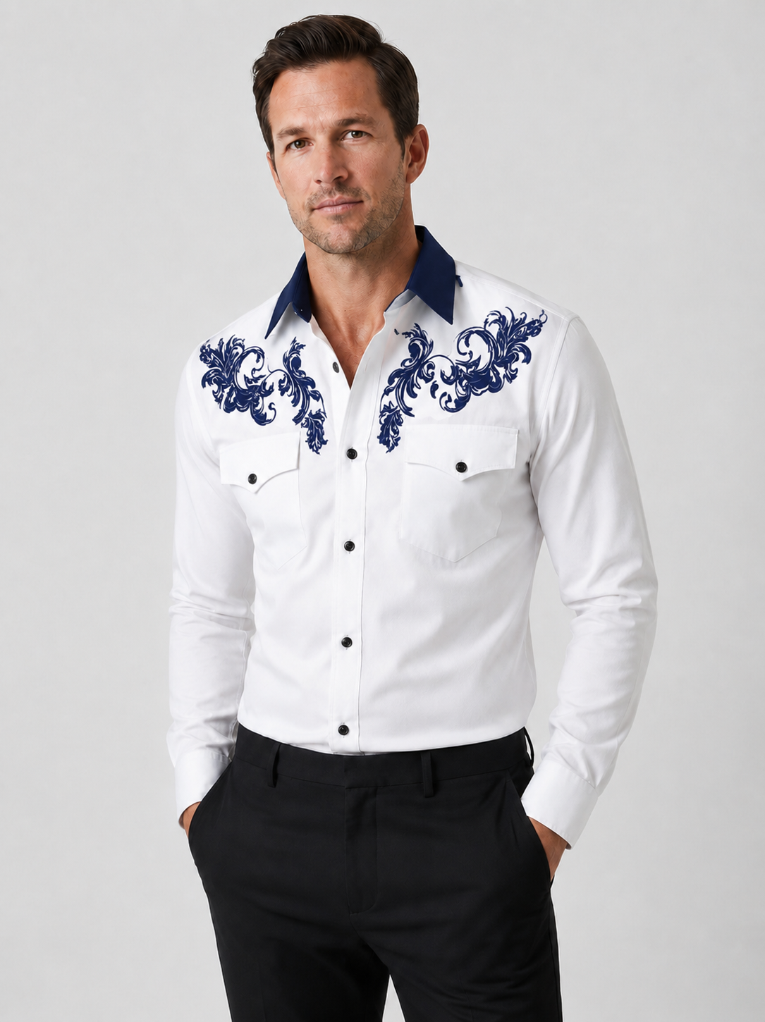 Evander | Men's Pockets Button Front Long Sleeve Dress Shirt