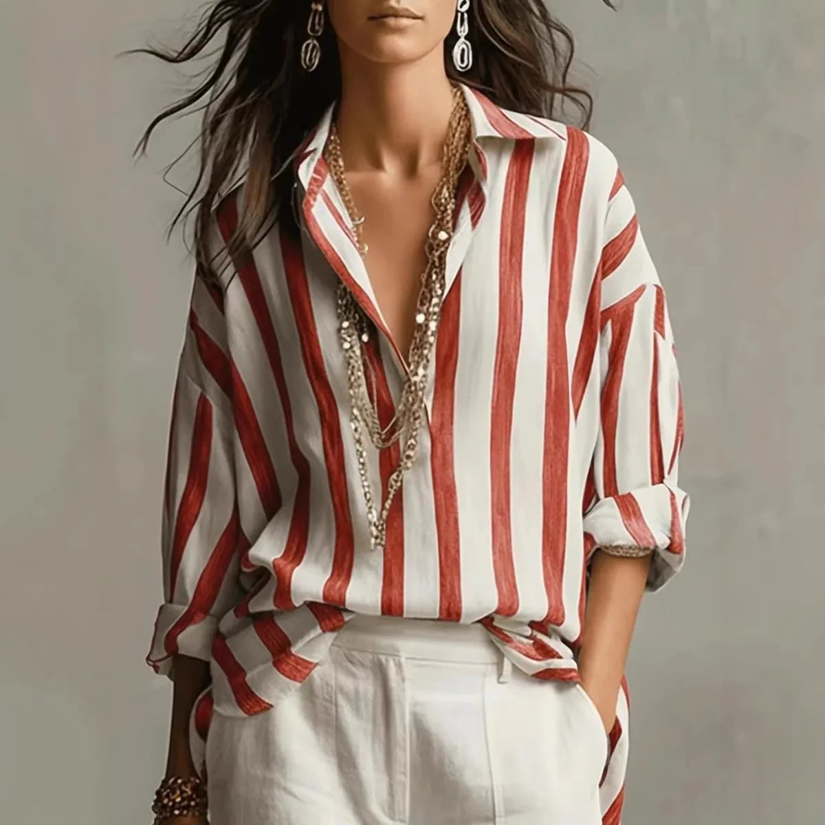 Evangeline | Women’s Vertical Stripe V Neck Collared Dress Shirt