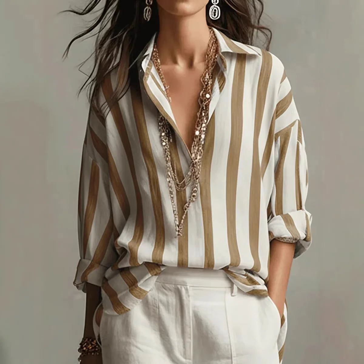 Evangeline | Women’s Vertical Stripe V Neck Collared Dress Shirt