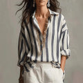 Evangeline | Women’s Vertical Stripe V Neck Collared Dress Shirt