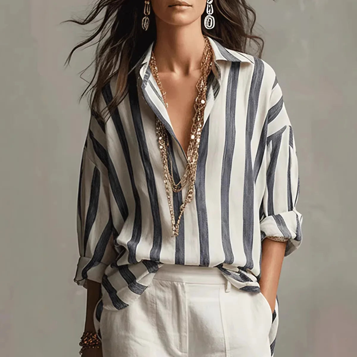 Evangeline | Women’s Vertical Stripe V Neck Collared Dress Shirt