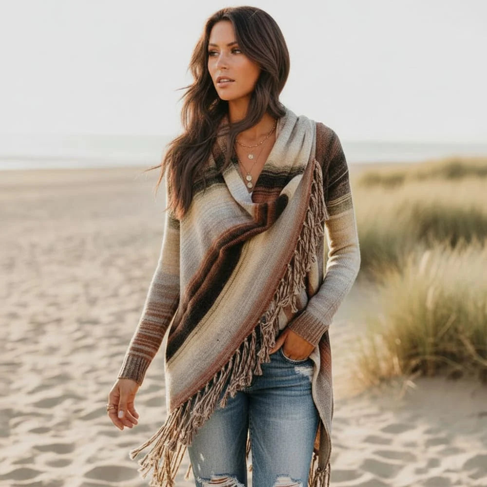 Women’s Wrap Front Fringe Long Sleeve Cardigan
