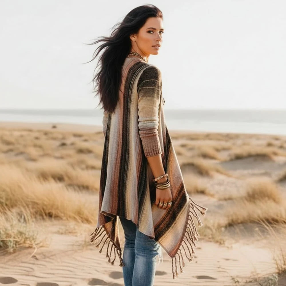Women’s Wrap Front Fringe Long Sleeve Cardigan