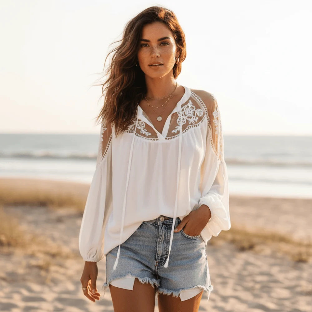 Women’s V-Neck Embroidered Lace Boho Blouse