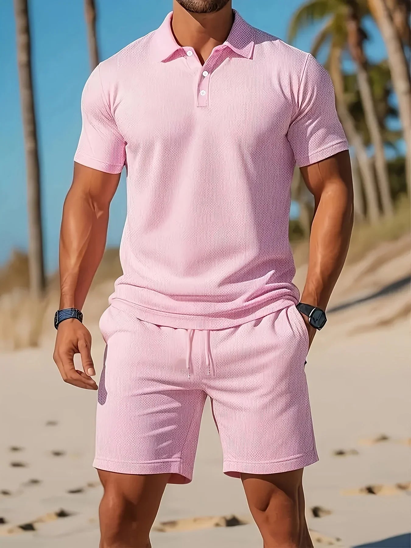 Finnegan | Men’s Textured Short Sleeve Button Front Summer Two Piece Set