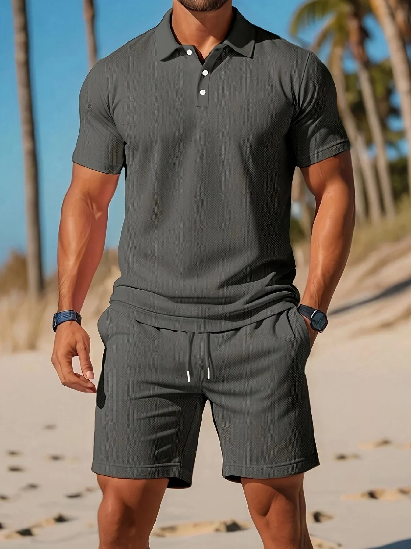 Finnegan | Men’s Textured Short Sleeve Button Front Summer Two Piece Set