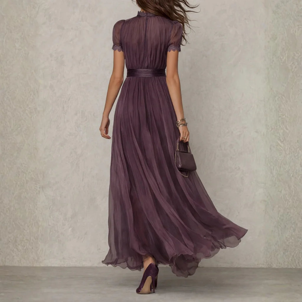 Fleur | Women's Short Sleeve Cut Out Flowy Pleated Maxi Dress