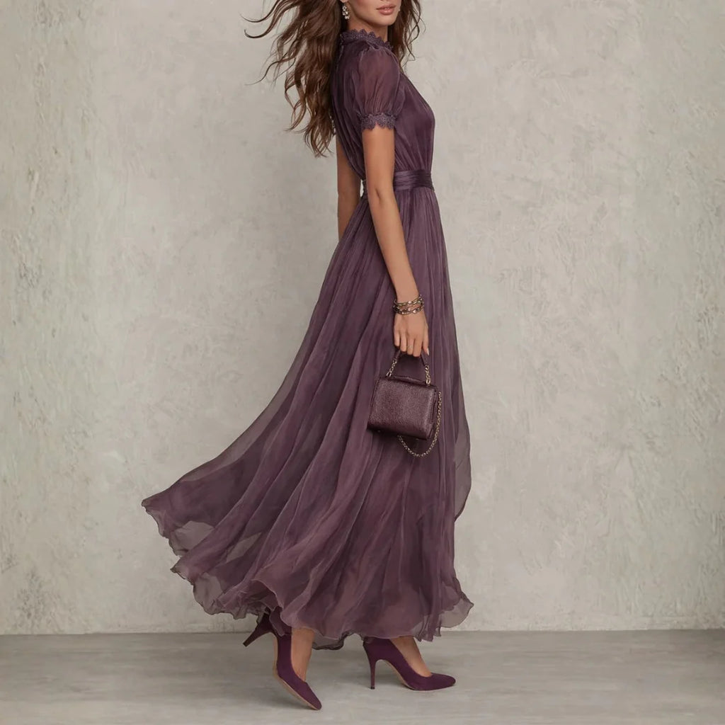 Fleur | Women's Short Sleeve Cut Out Flowy Pleated Maxi Dress