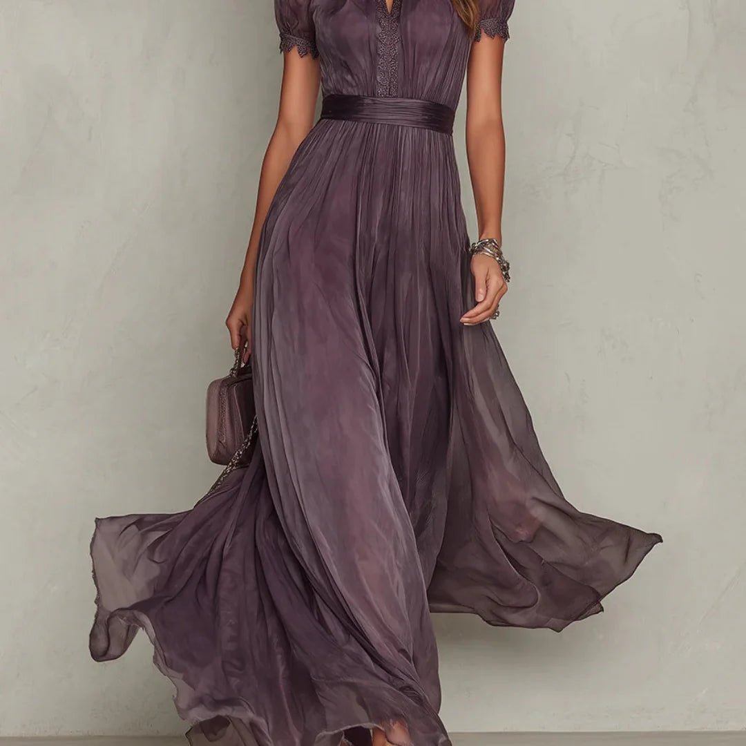 Fleur | Women's Short Sleeve Cut Out Flowy Pleated Maxi Dress