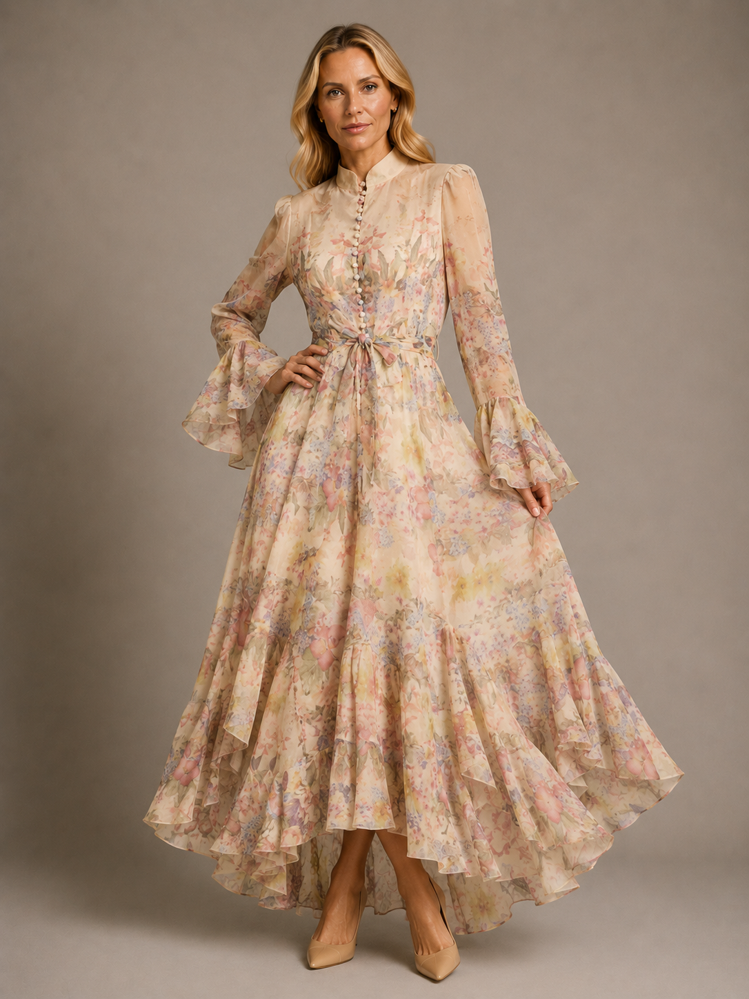 Frederica | Women's Long Sleeve Ruffle Flowy Wedding Guest Dress