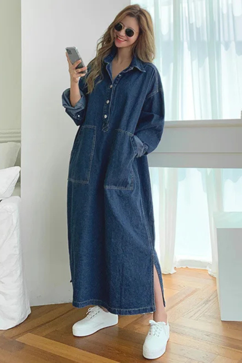 Gabriella | Women's Oversized Collared Long Denim Maxi Dress