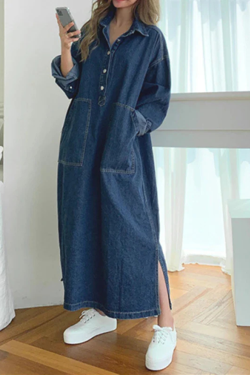 Gabriella | Women's Oversized Collared Long Denim Maxi Dress