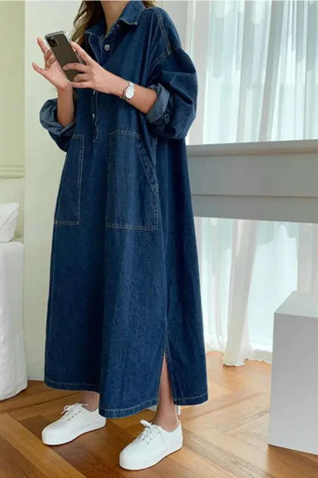 Gabriella | Women's Oversized Collared Long Denim Maxi Dress