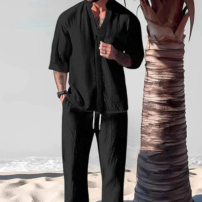 Garvin | Men's Drawstring Button Front Collared Two Piece Set