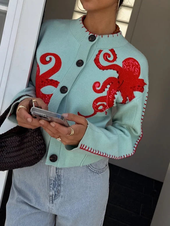 Ghislaine | Women’s Graphic Printed Button Front Long Sleeve Sweater