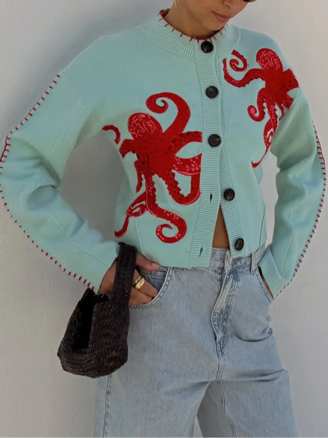 Ghislaine | Women’s Graphic Printed Button Front Long Sleeve Sweater
