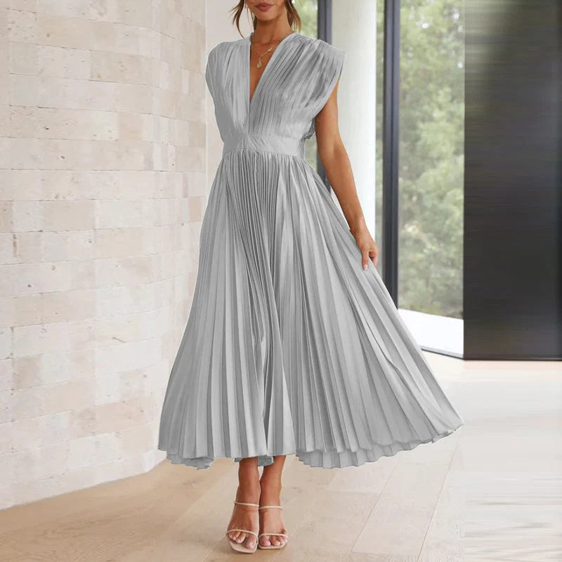 Gina | Women’s Pleated Sleeveless V Neck Flowy Midi Dress