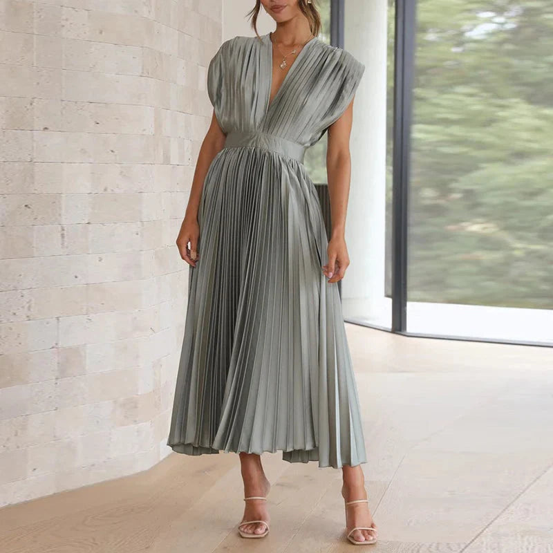 Gina | Women’s Pleated Sleeveless V Neck Flowy Midi Dress