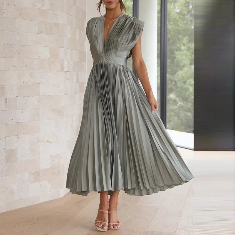 Gina | Women’s Pleated Sleeveless V Neck Flowy Midi Dress