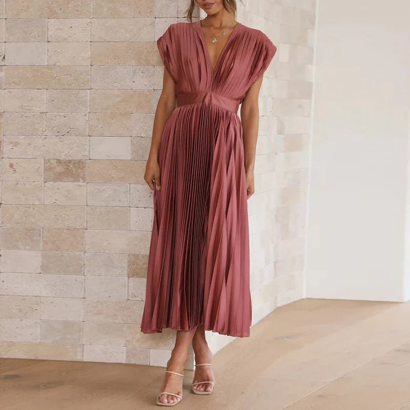 Gina | Women’s Pleated Sleeveless V Neck Flowy Midi Dress