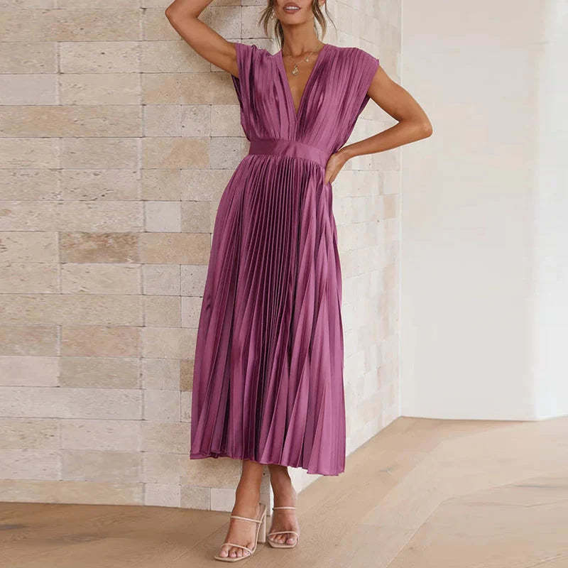 Gina | Women’s Pleated Sleeveless V Neck Flowy Midi Dress