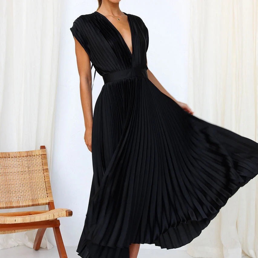 Gina | Women’s Pleated Sleeveless V Neck Flowy Midi Dress