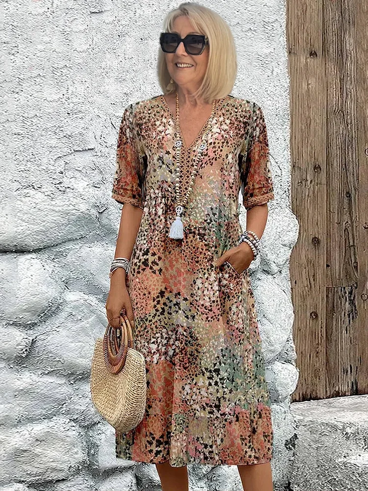 Giselle | Women's Printed V-Neck Flowy Midi Dress