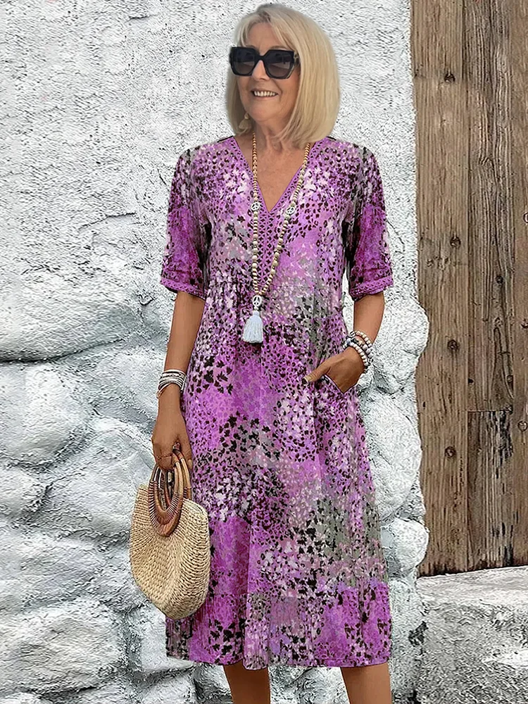 Giselle | Women's Printed V-Neck Flowy Midi Dress