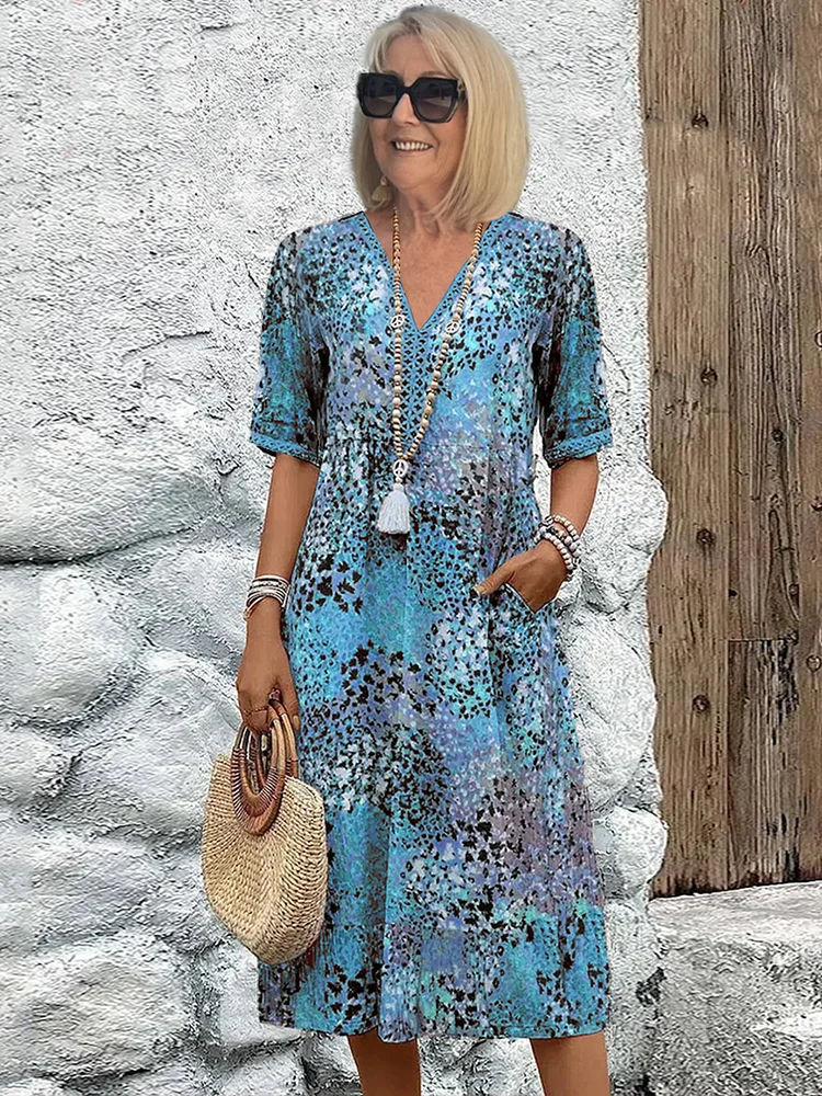 Giselle | Women's Printed V-Neck Flowy Midi Dress