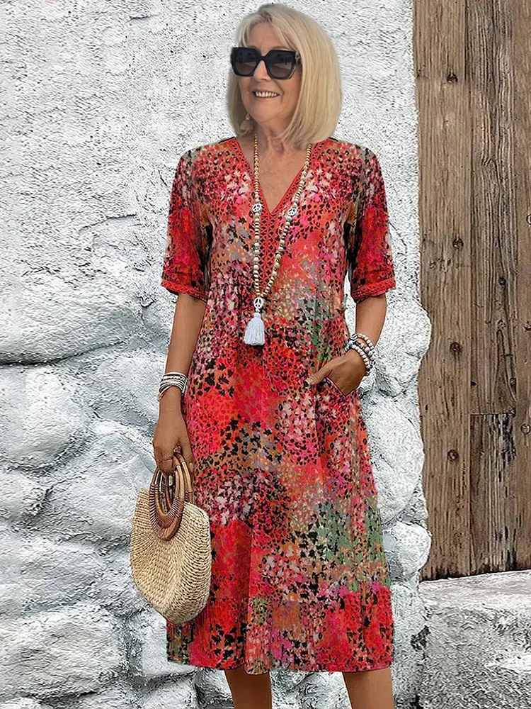 Giselle | Women's Printed V-Neck Flowy Midi Dress