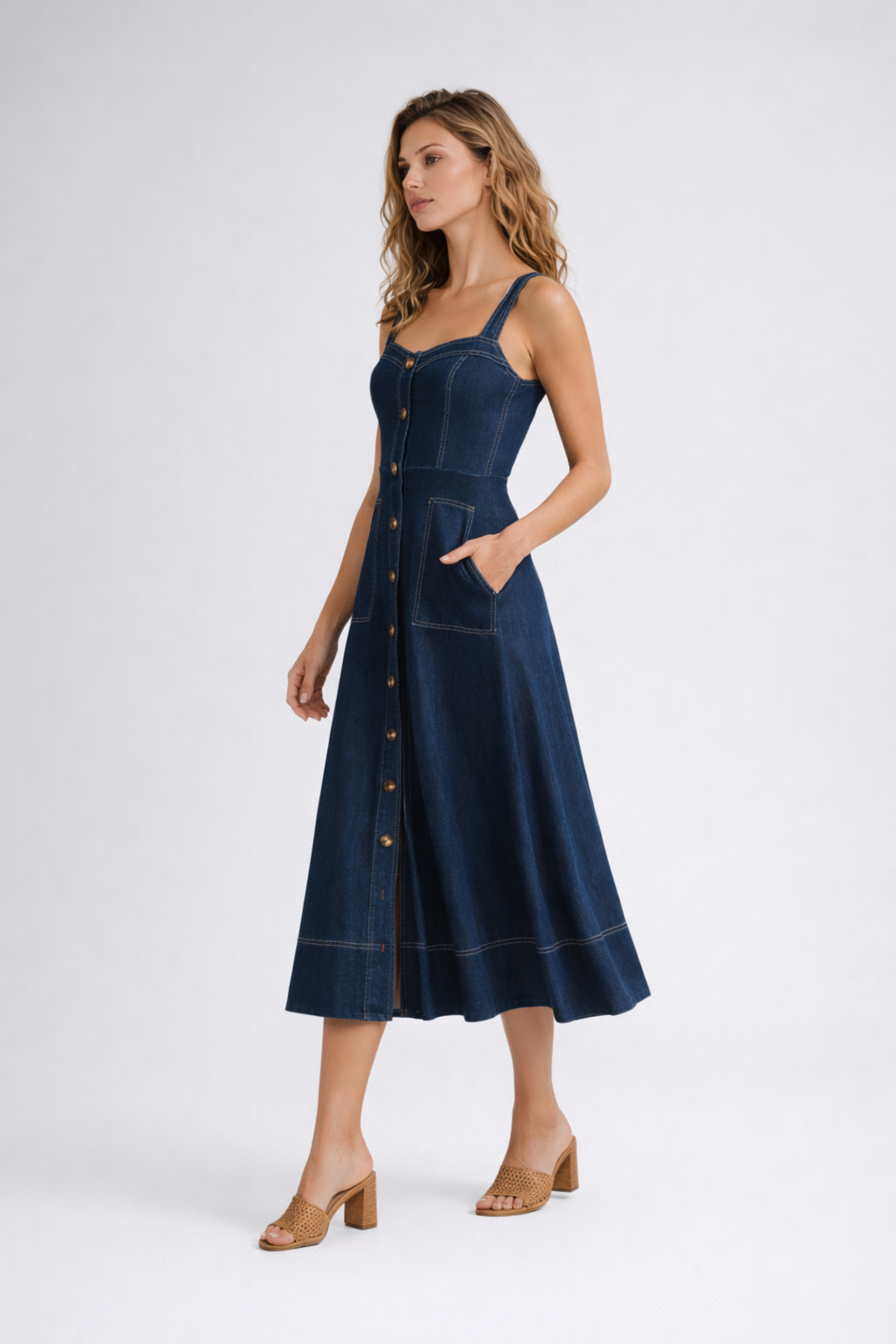 Hailey | Women's Button Front Sleeveless Denim Midi Dress