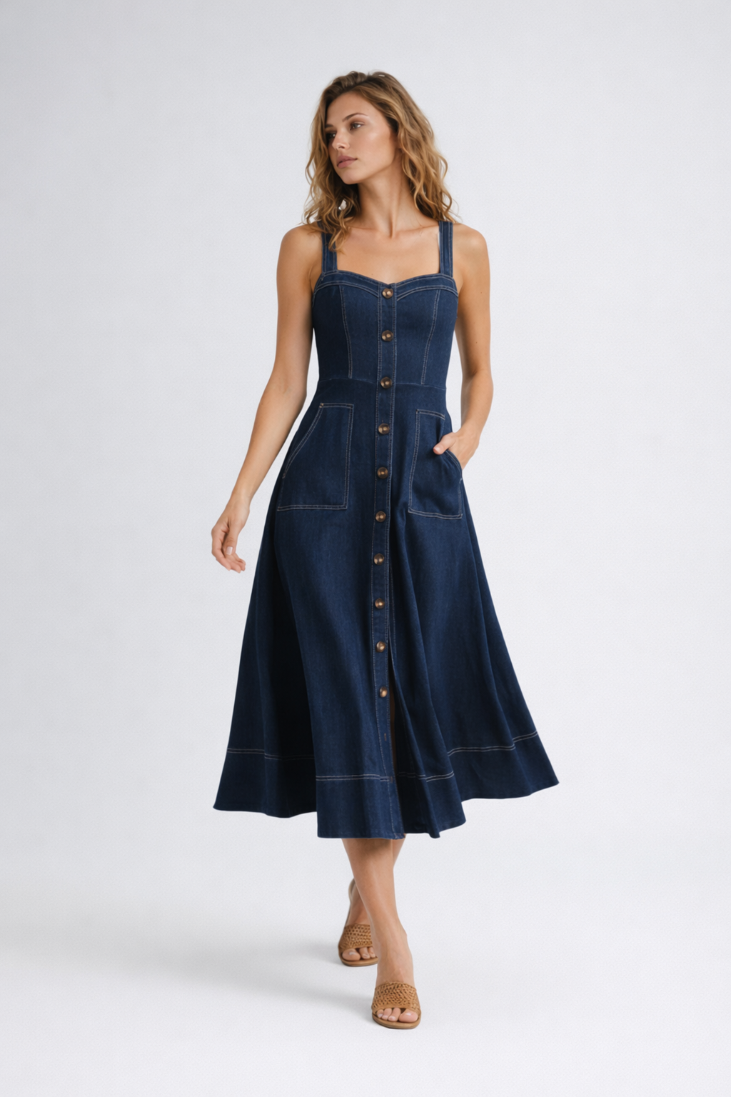 Hailey | Women's Button Front Sleeveless Denim Midi Dress