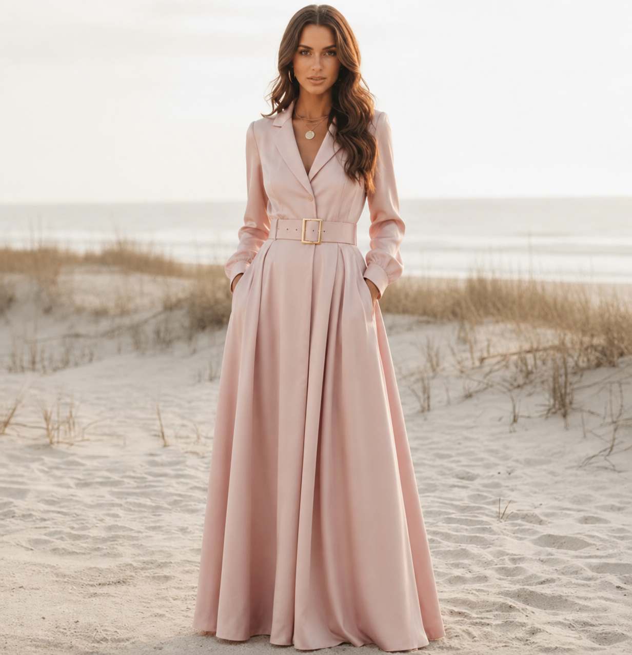 Helena | Women's Belted A Line Long Sleeve Maxi Dress
