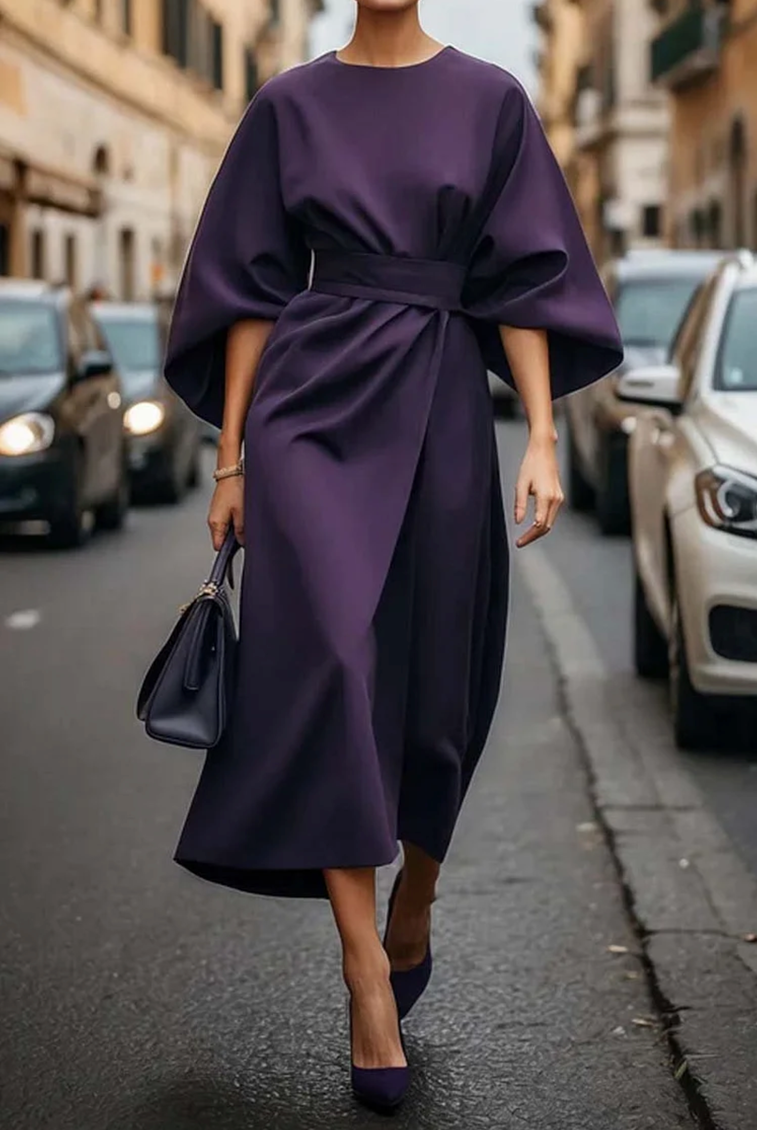 Isabella | Women’s Lantern Sleeve Waistband Midi Dress