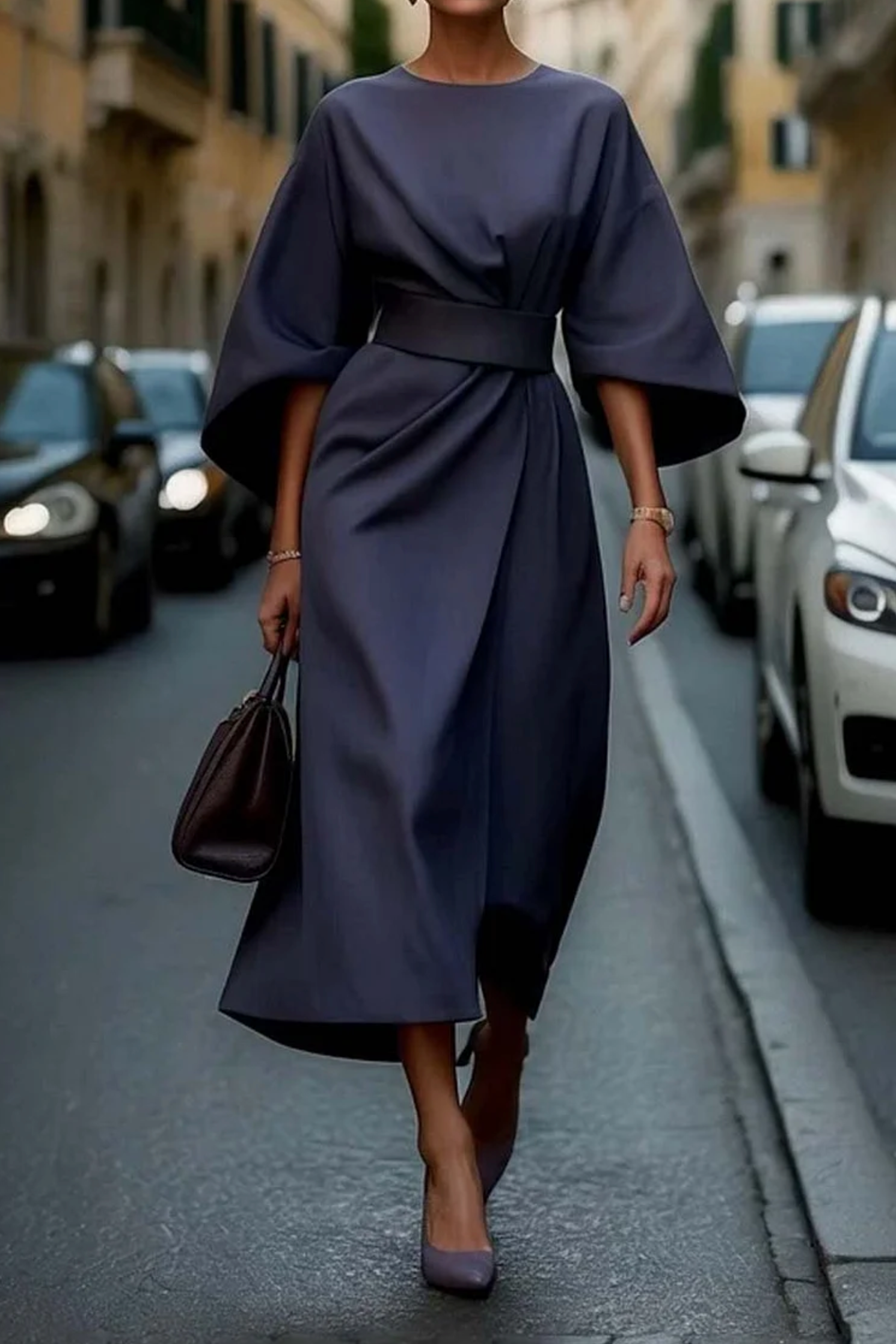 Isabella | Women’s Lantern Sleeve Waistband Midi Dress