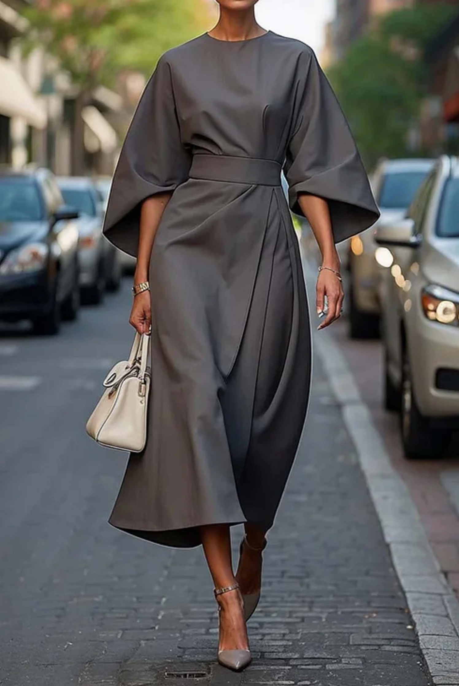 Isabella | Women’s Lantern Sleeve Waistband Midi Dress